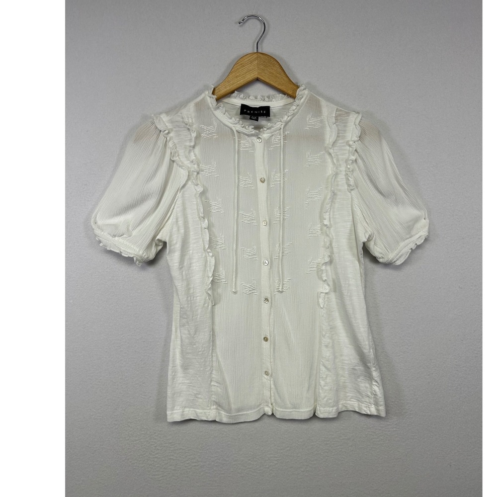 Cottagecore Premise Women Small White Ruffle Embroidered Puff Sleeve Blouse Top